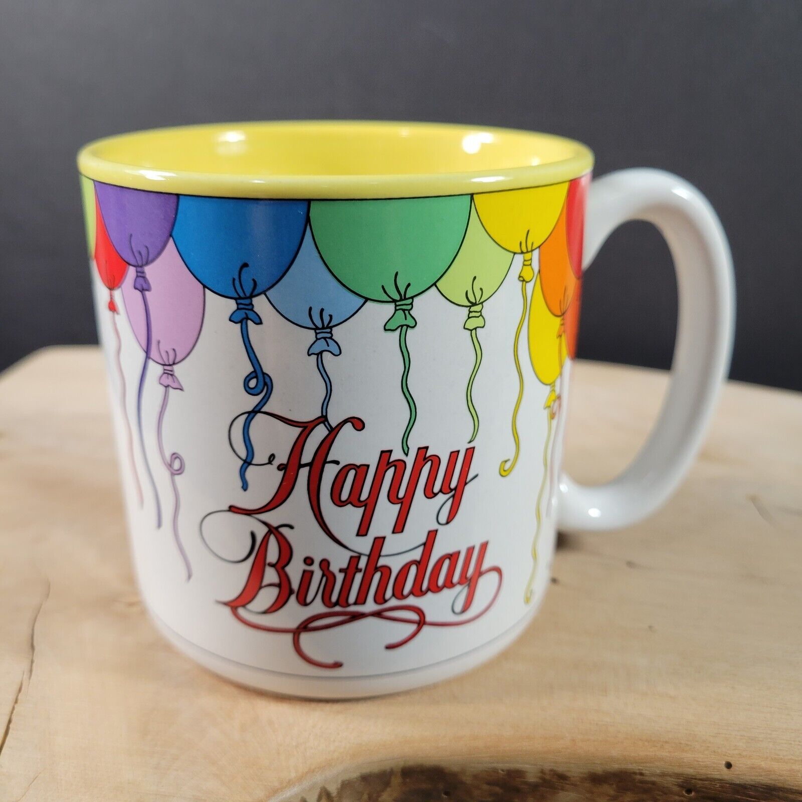 Happy Birthday Mug Vintage Susan Burger Korea 1989 Multi Color Rainbow Balloons 