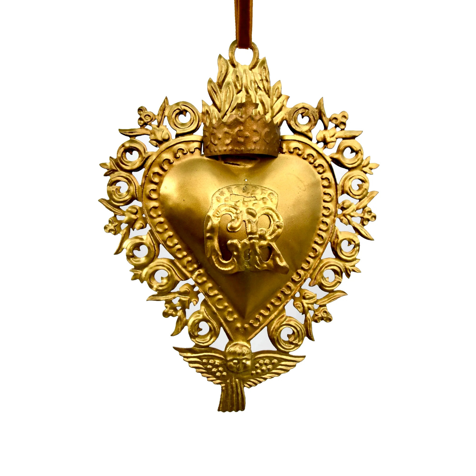 6.5in Crowned Gratia Sacred Heart Ex Voto Milagro Ornament, Antiqued Gold
