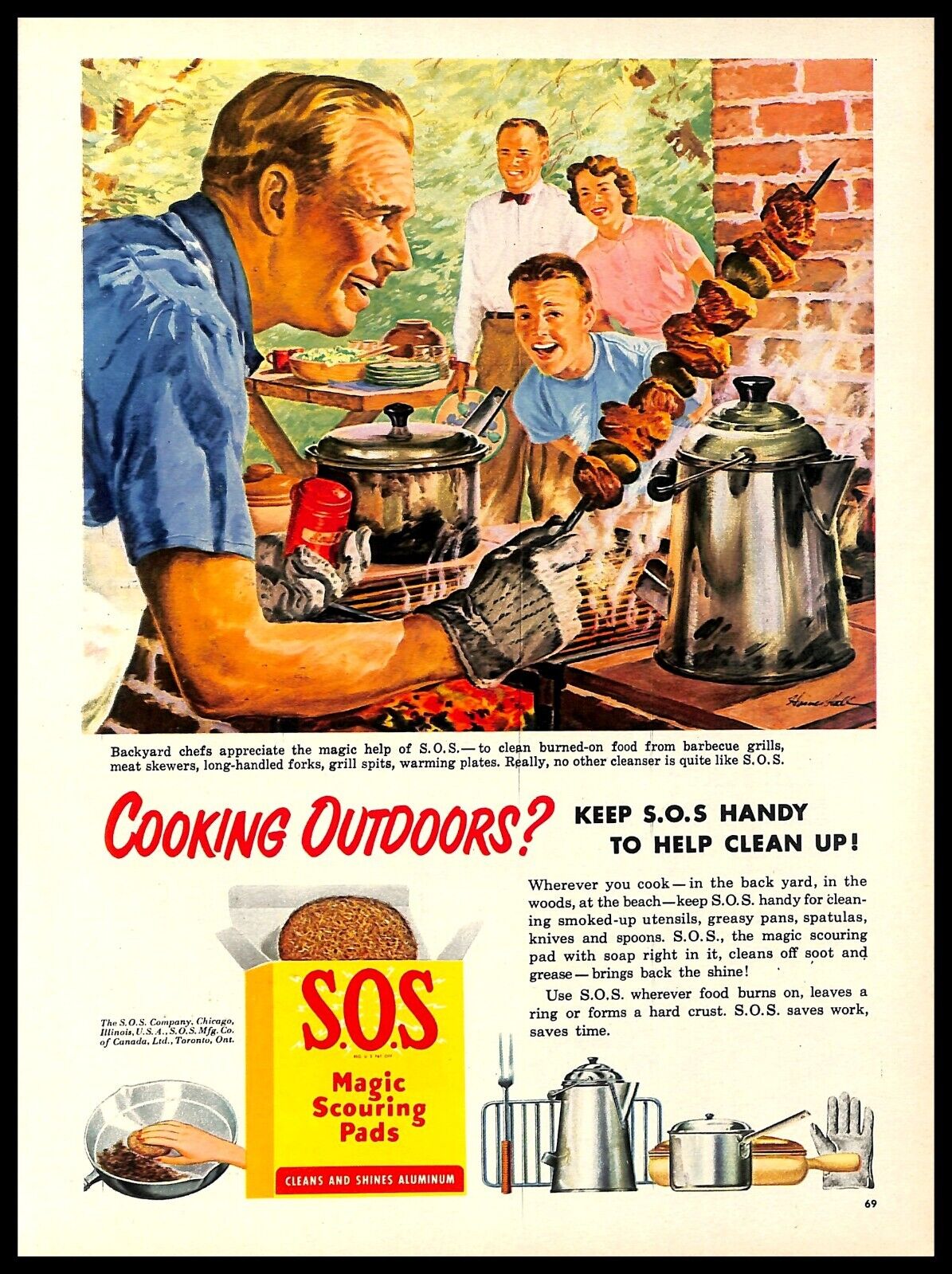1952 S.O.S Magic Scouring Pads Vintage PRINT AD Outdoors Cooking Art Kabob