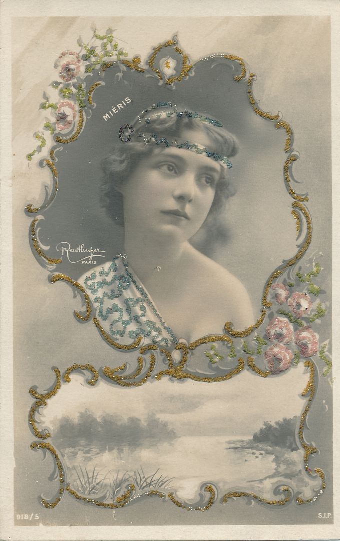 Young Woman Hand Colored Glitter Covered Reutlinger Real Photo Postcard rppc-udb