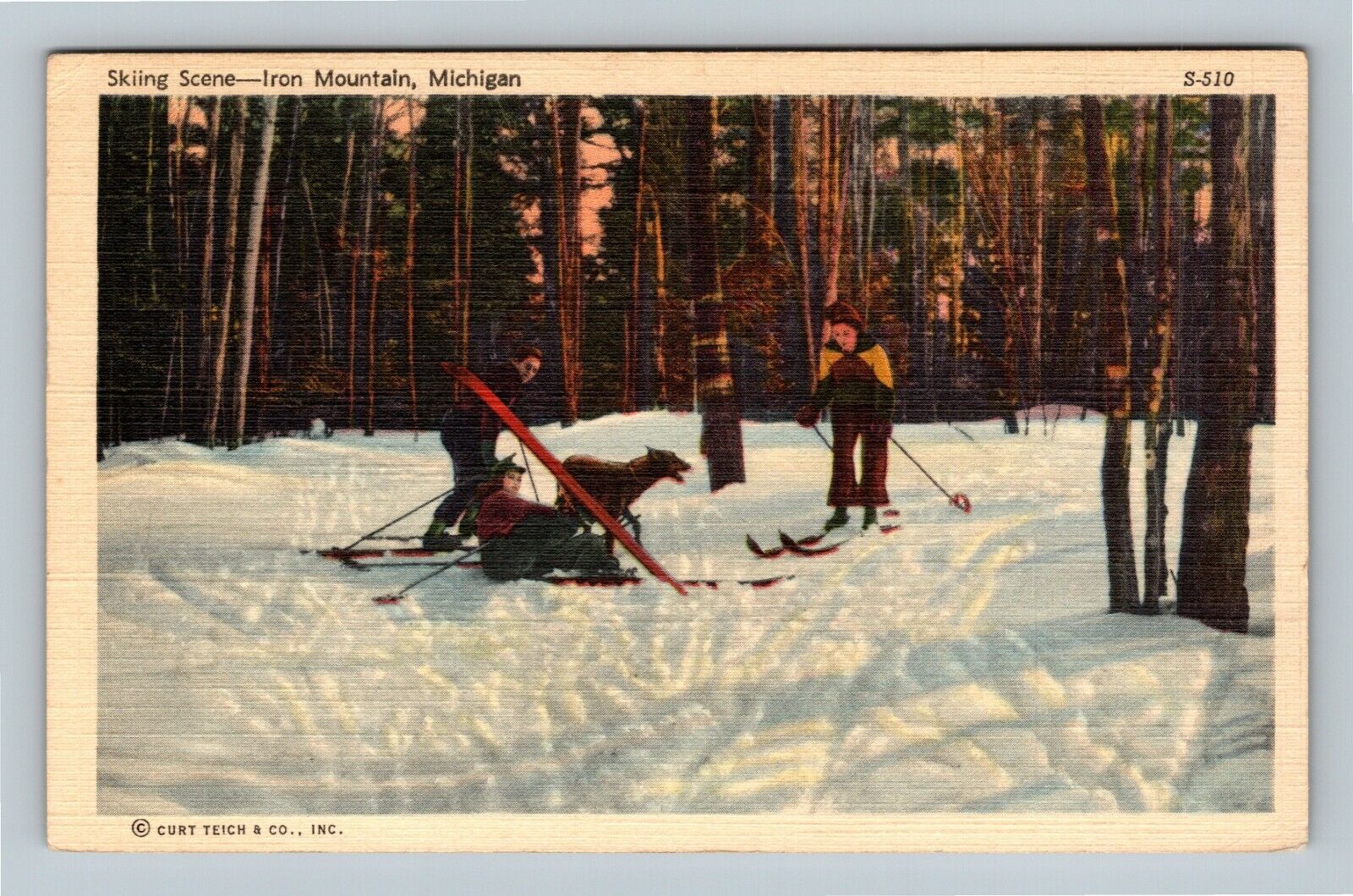 Iron Mountain MI, Skiing Scene, Michigan c1944 Vintage Postcard