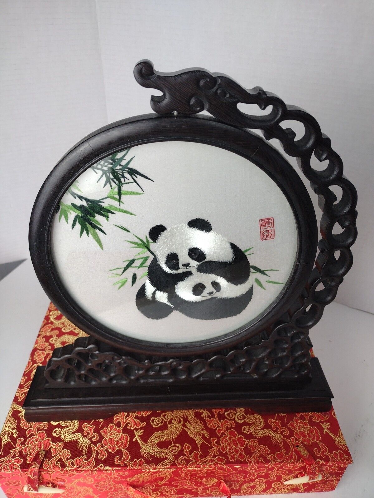 Vintage Chinese Modern Panda Double Sided Embroidered Decor W/Original Box 