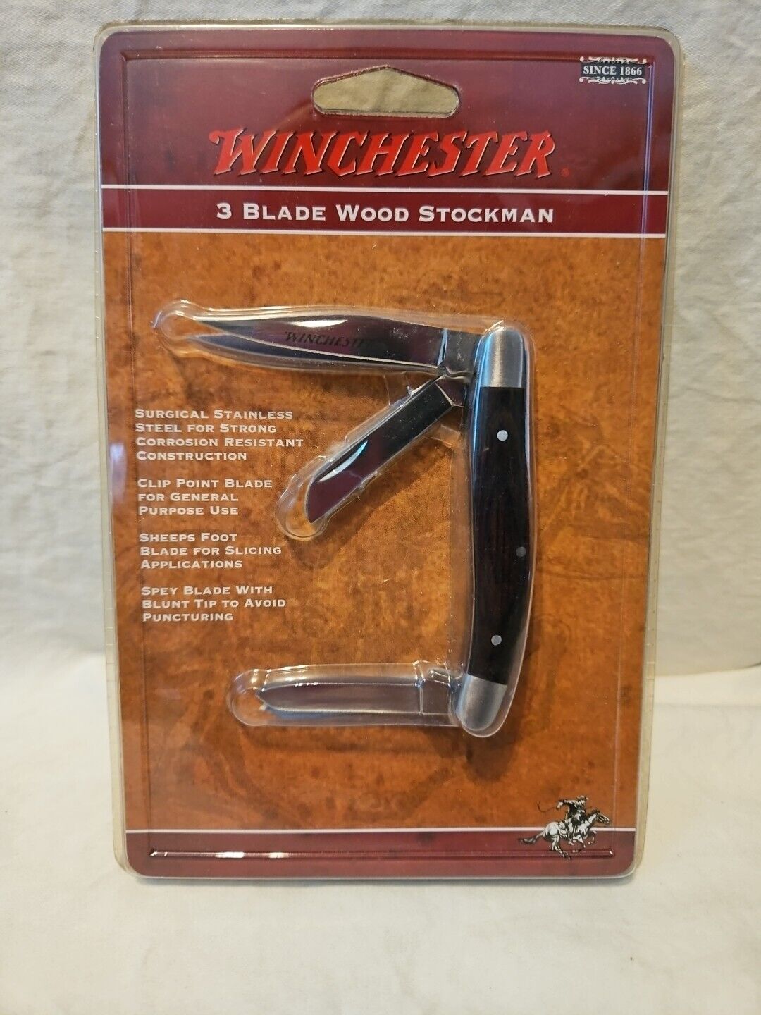 Winchester 22-41659; 3 Blade Wood Stockman Pocketknife NEW