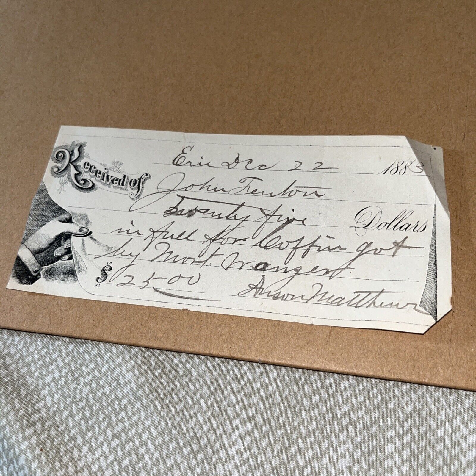 1883 Receipt to Erie Illinois Attorney for $25 for Coffin from Anson Matthews IL