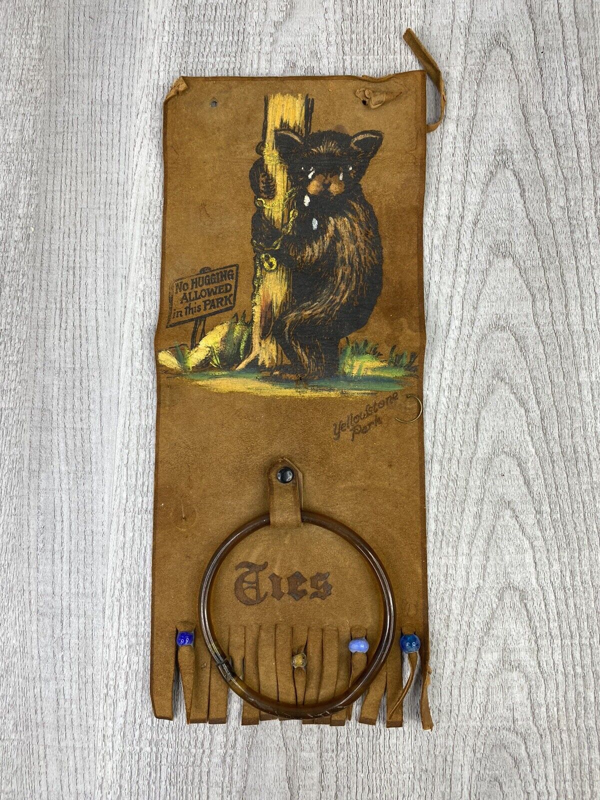 Rare Vintage / Antique Leather Bear Yellowstone National Park Souvenir Tie Hang