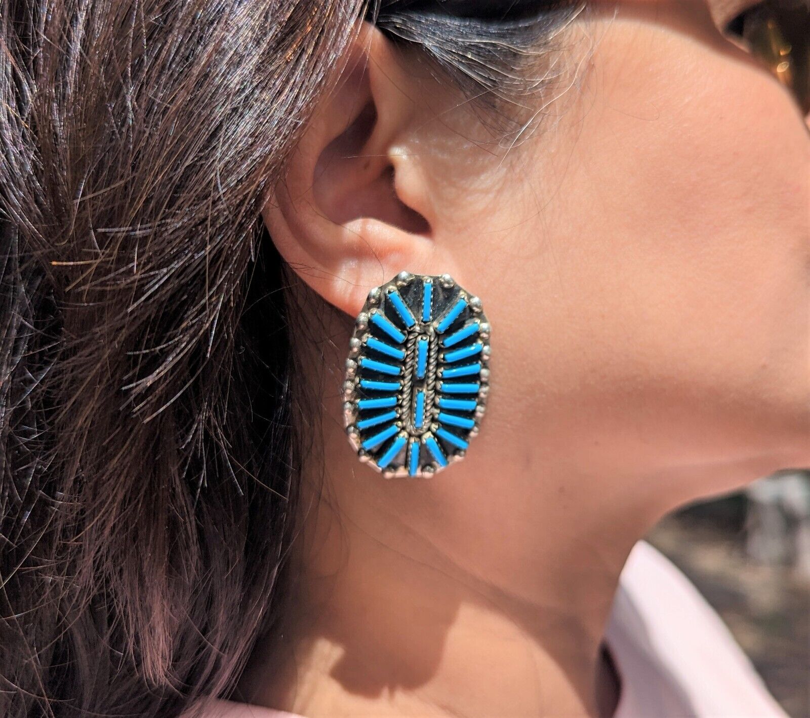 Vintage Native American Women's Blue Turquoise Earrings Zuni Needlepoint Jewelry