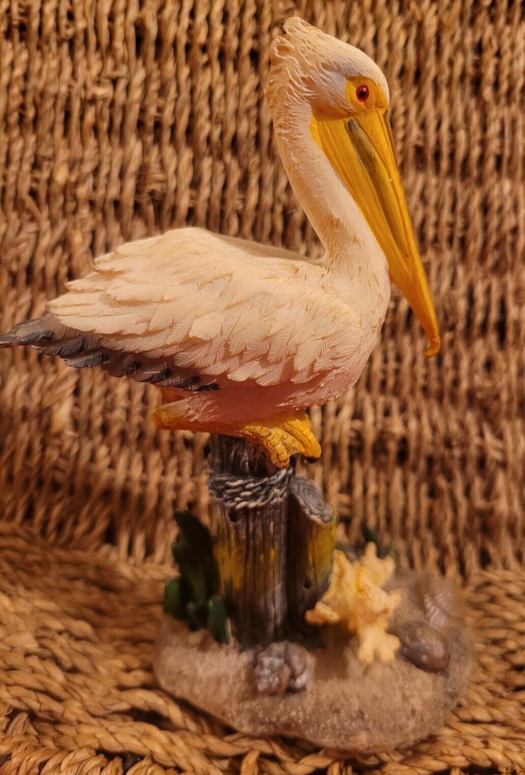 K’s Collection Pelican Figurine Perched on Pier Nautical Coral Beach - 6” H