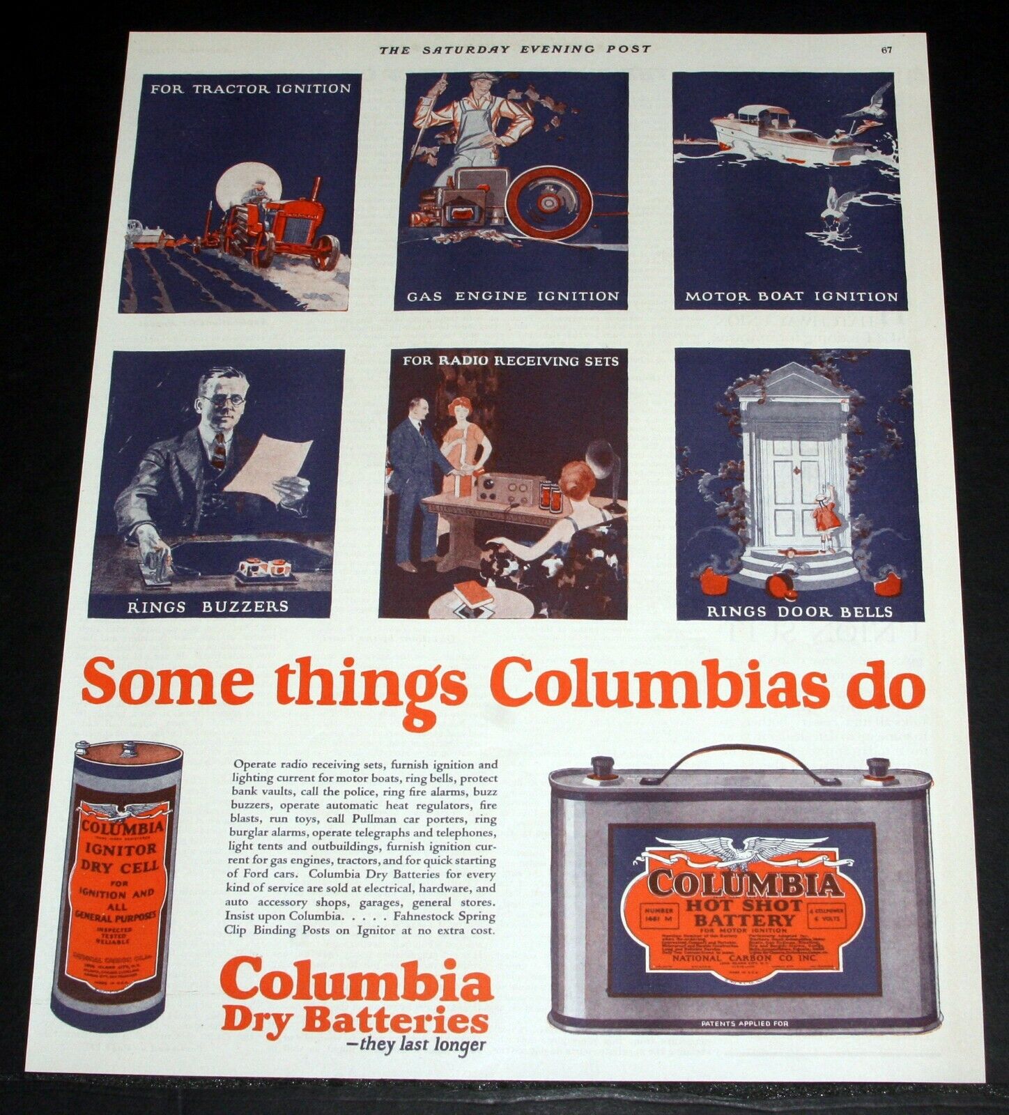 1923 OLD MAGAZINE PRINT AD, COLUMBIA DRY BATTERIES, SOME THINGS COLUMBIANS DO