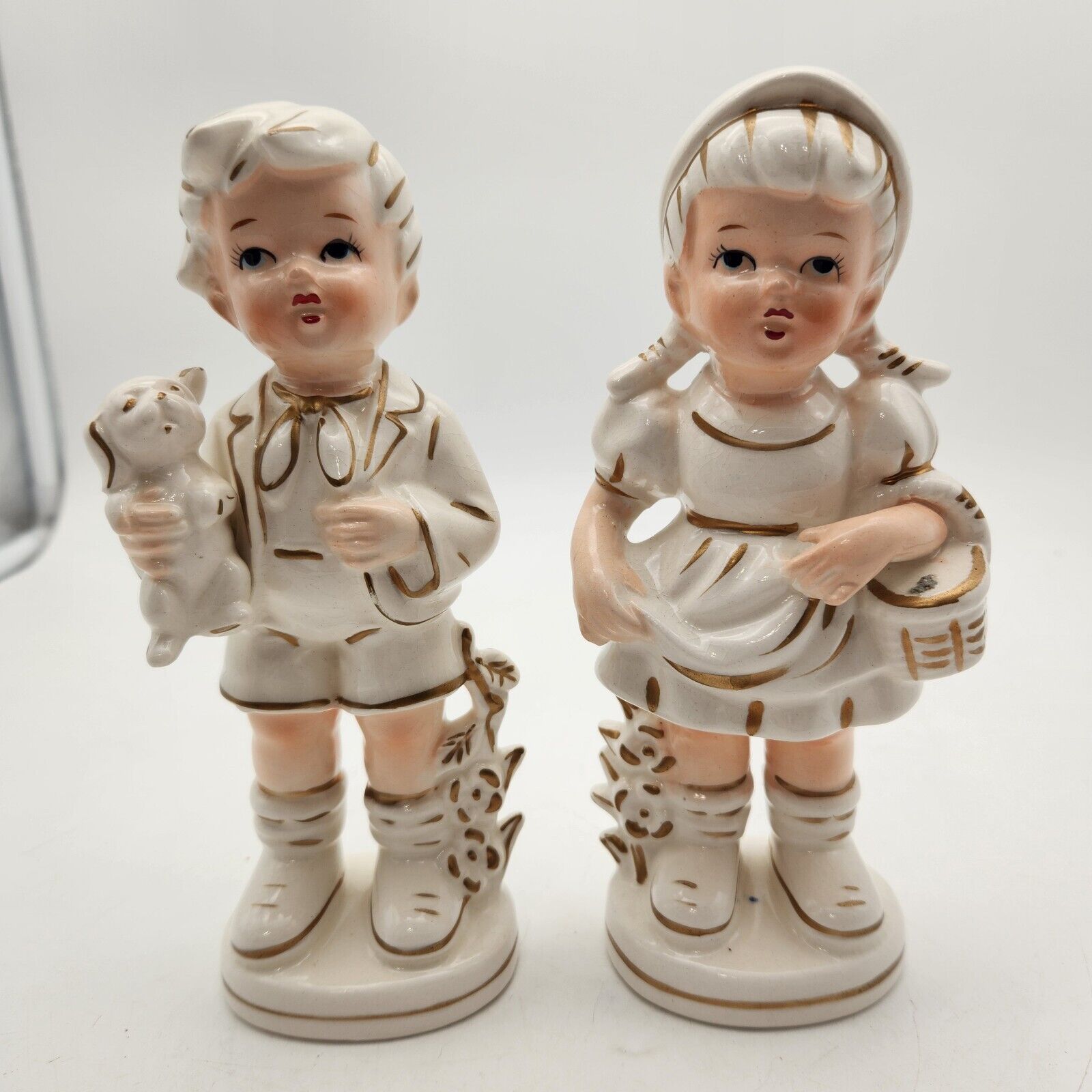 Vintage TII Porcelain Boy with Dog  Girl Basket  Figurines Gold Trim Japan 