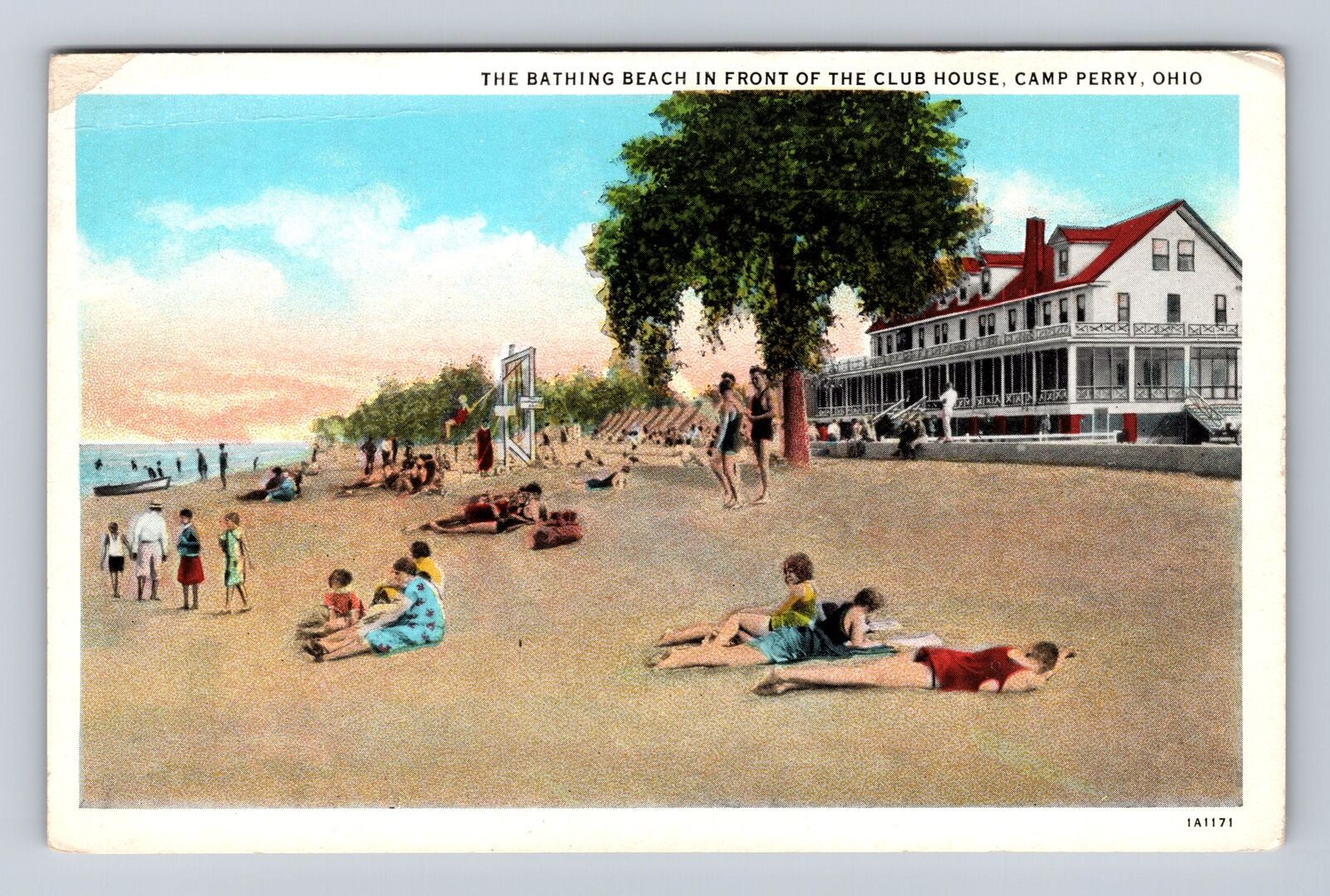 Camp Perry OH-Ohio, Bathing Beach In Front Of Club House Vintage Postcard