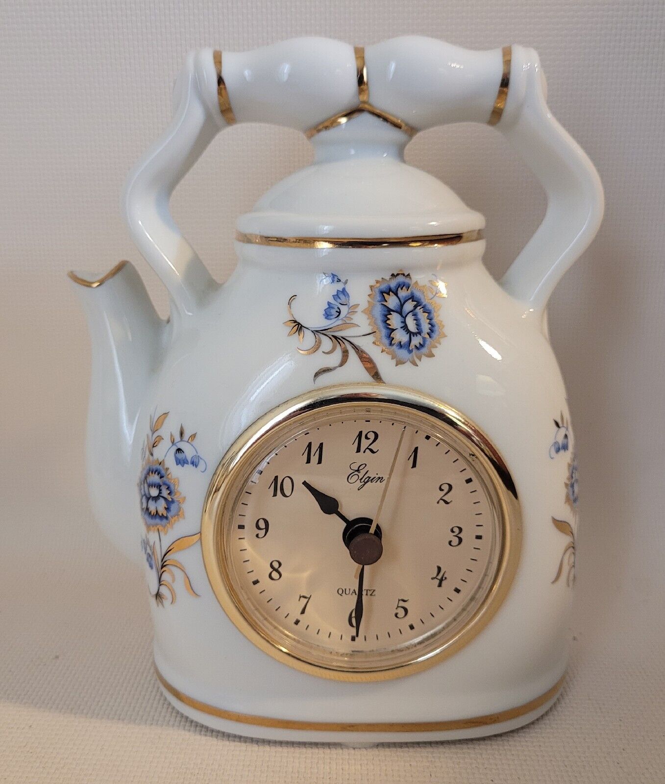 Vintage Elgin White Porcelain Teapot Mantle Table Clock Cobalt Gold Flowers 