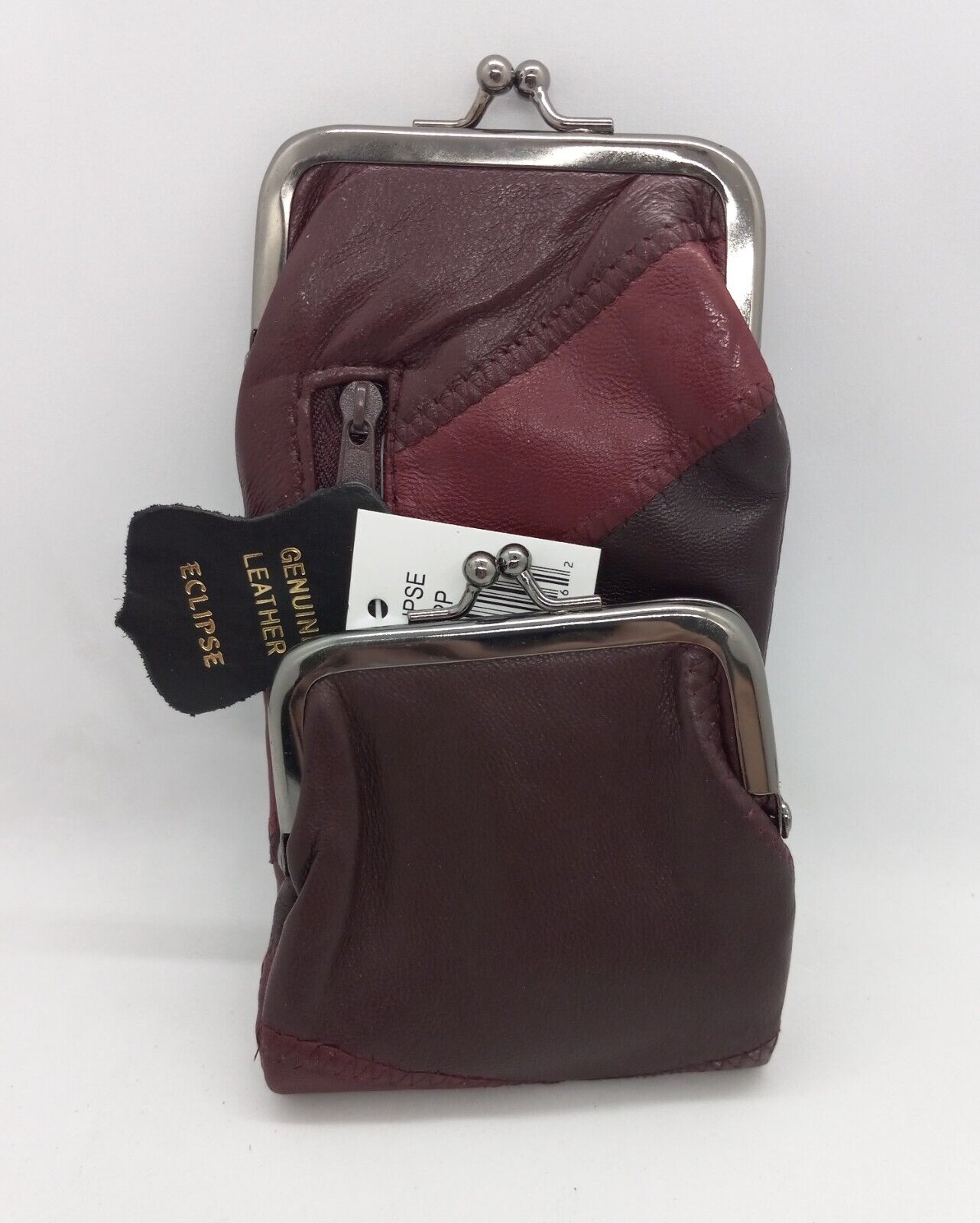 Burgundy Leather Cigarette Case. Snap/Zipper Pouches. Coin Purse Lighter Holder