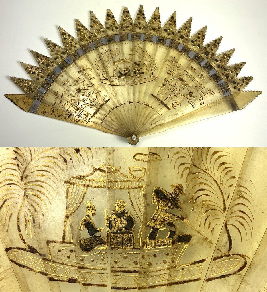 Rare Antique French Empire Hand Fan, c.1810-25, Blackamoors, Boat, Exotic Birds