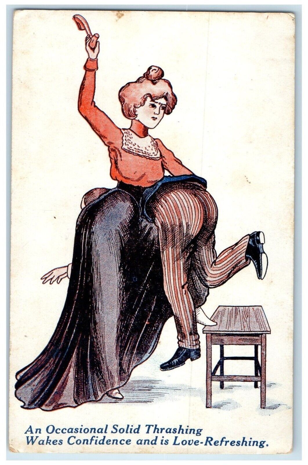 c1910's Wife Beating Husband An Occasional Solid Thrashing Antique Postcard
