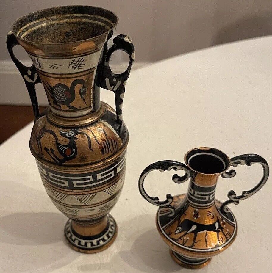 2 VINTAGE Greek Mythology Vase Copper Handles Hand Painted