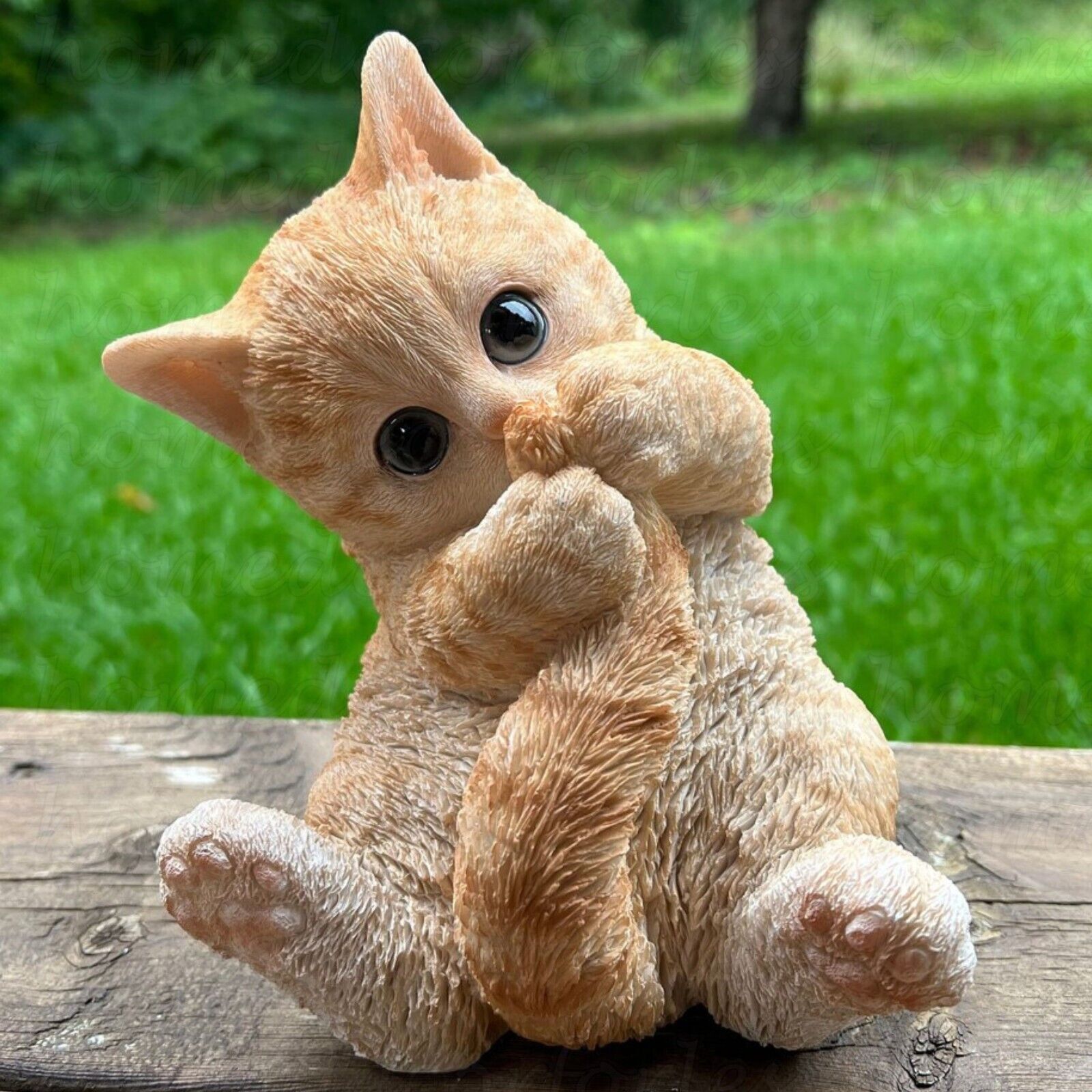 Realistic Orange Tabby Cat Playing with Tail Garden Statue Figurine Home Decor
