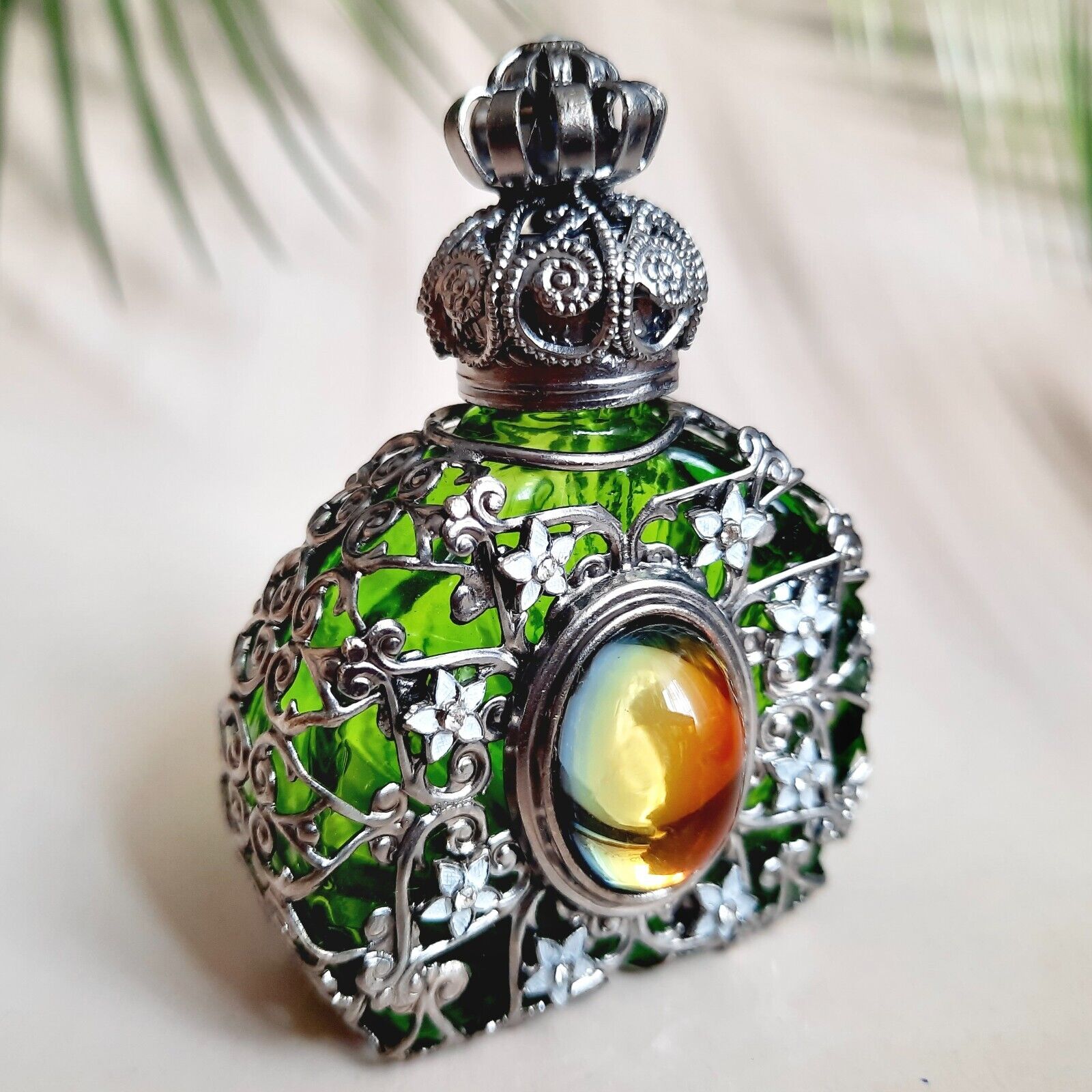 Bottle for Perfume with Cabashon Green Czech Glass Filigree Silver Tone Parfume