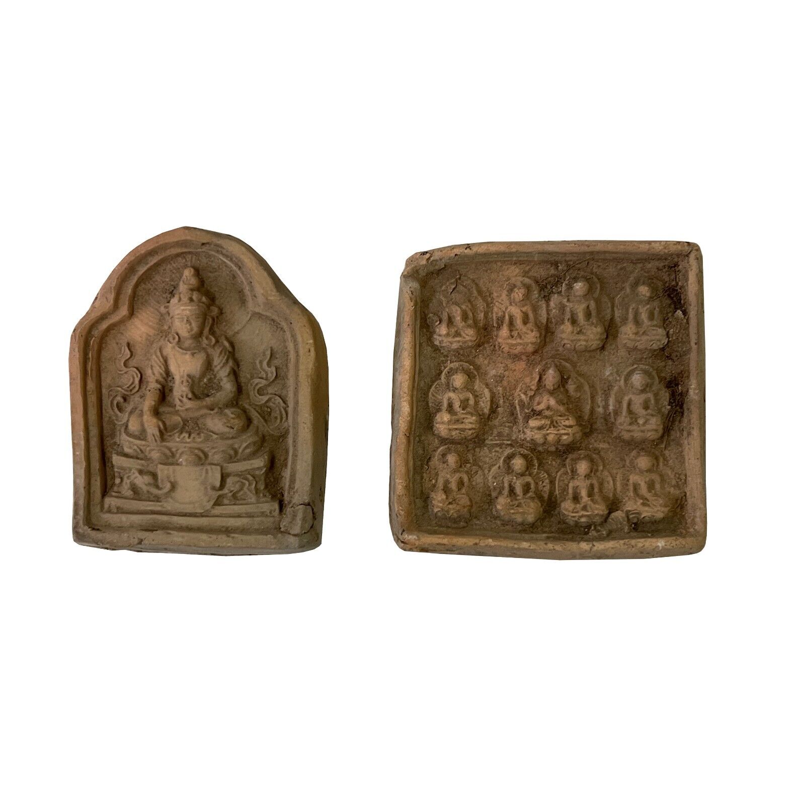 Set of 2 Small Chinese Oriental Clay Buddhas Theme Plaque Display ws2406