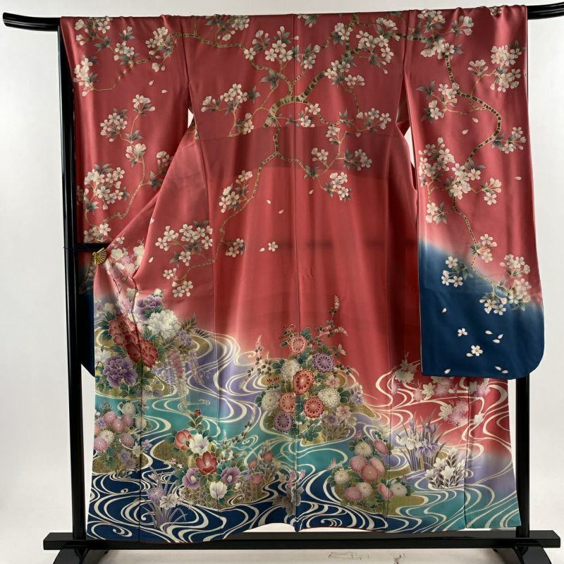 61.6inc Japanese Kimono SILK FURISODE Running water Golden Pink