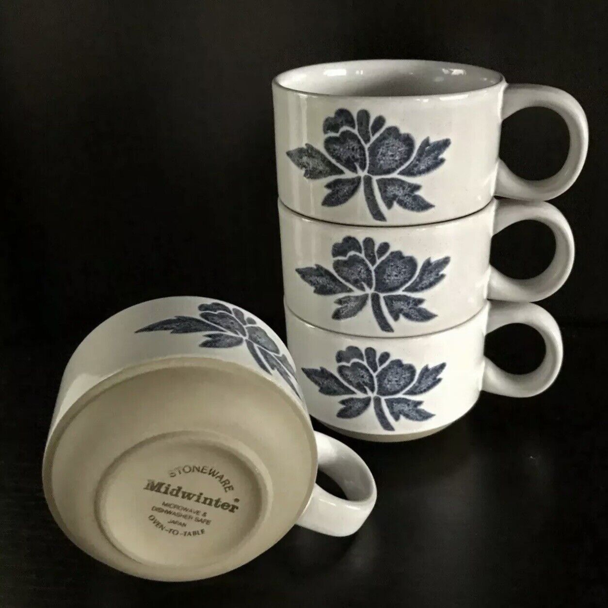 Vintage Midwinter Stoneware Blue Floral Wedgewood Cups Flat Stacking Set Of 4
