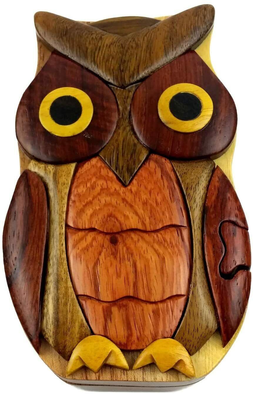 Owl Handcrafted Carved Intarsia Wood Puzzle Box Jewelry Trinket Box