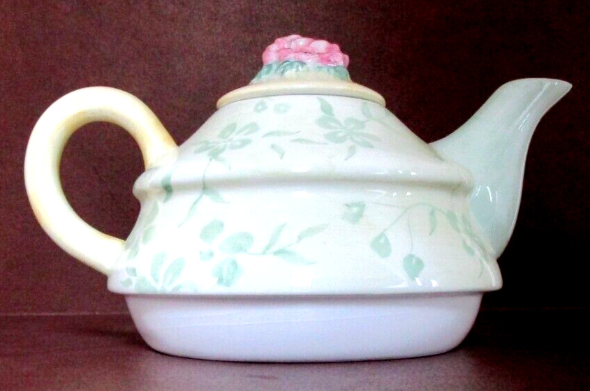 VTG Capriware Floral Ceramic Teapot 2c Small Green White Hand painted MINT CDN.