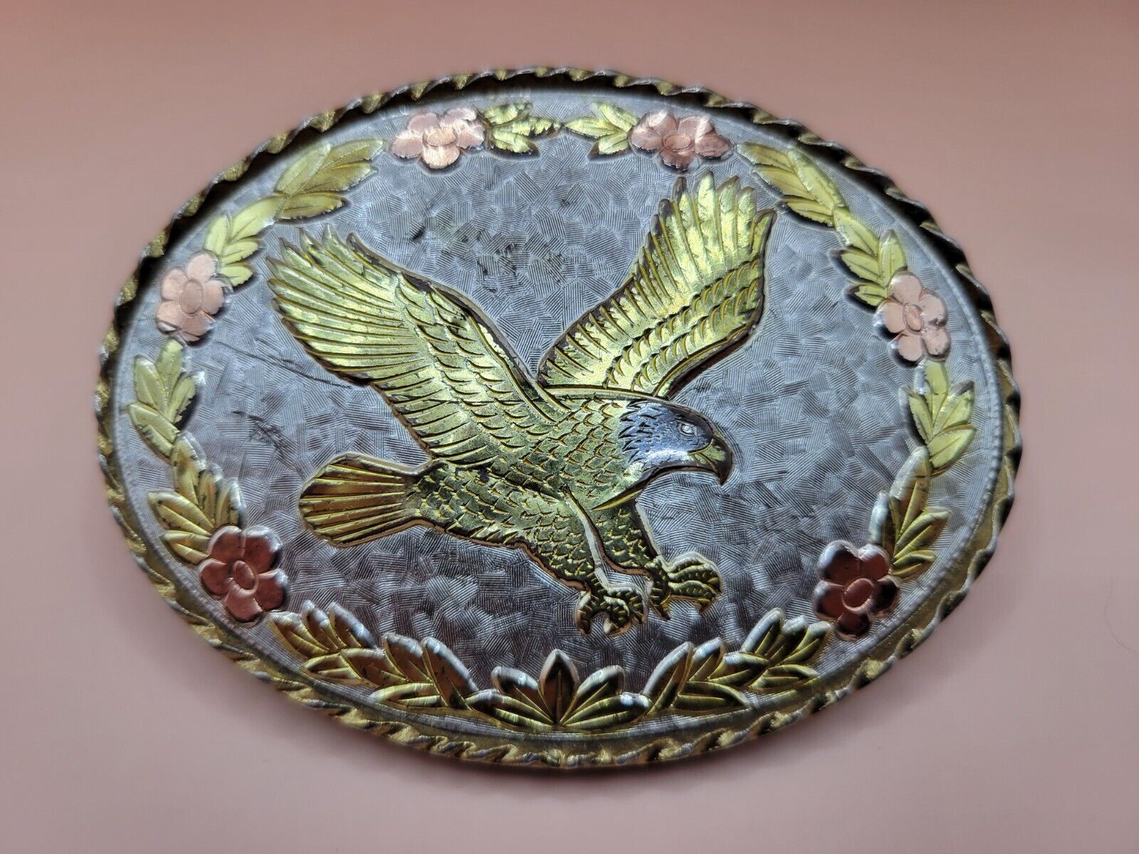 Vintage Western Belt Buckle With Yellow & Rose Gold And Silver Tone Plating