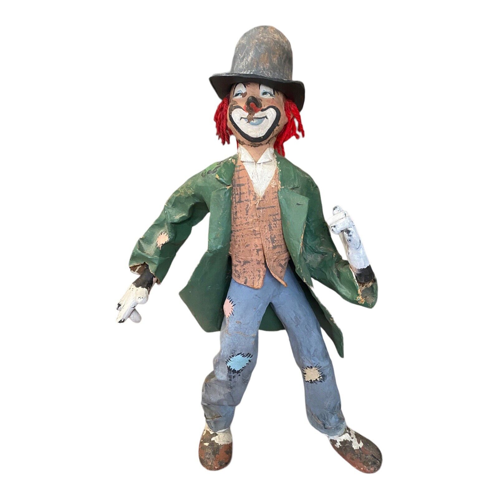 VTG Large Paper Mache Creepy Clown 26” Standing Hobo Statue Handmade Folk Art