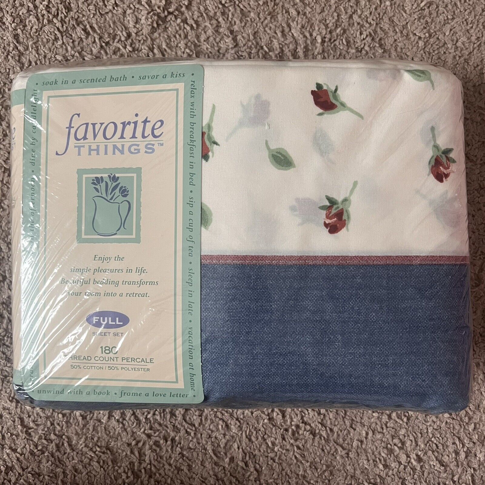 Vintage American Rose Blue Full Sheet Set Sealed