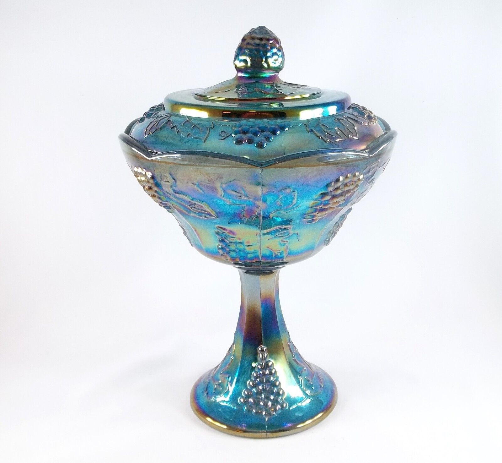 1960\'s Indiana Glass Harvest Blue Iridescent Carnival Glass Compote With Lid
