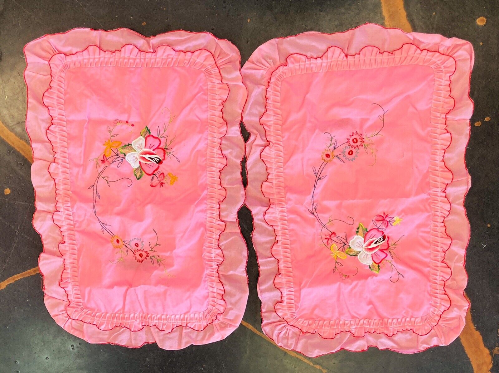 2-Vintage Pink Cotton Embroidered Rose Ruffled Pillow case Fits 22X 13 Pillow
