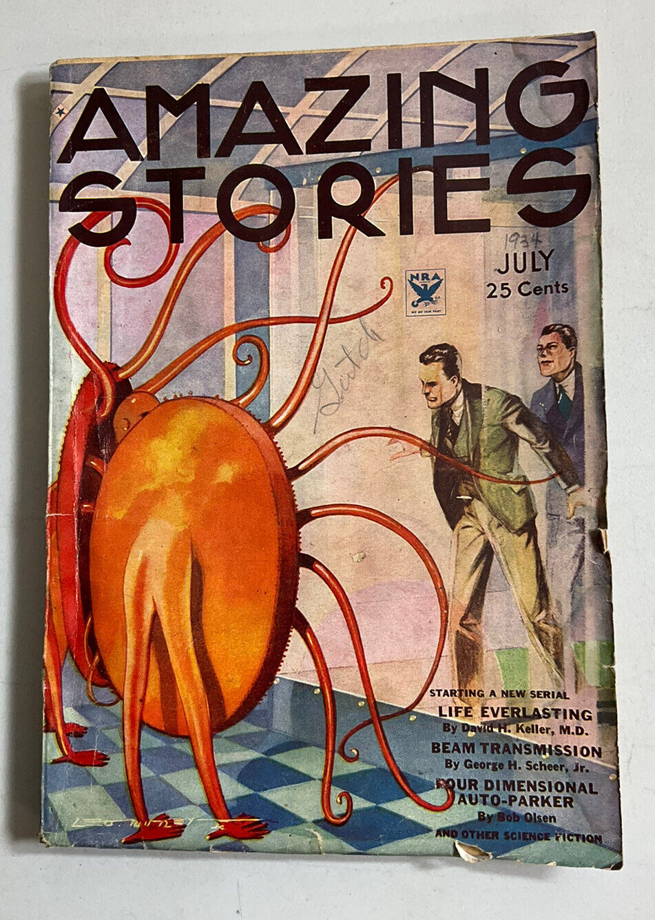 PULP:  Amazing Stories Pulp July 1934- Wild Alien cover- Life Everlasting