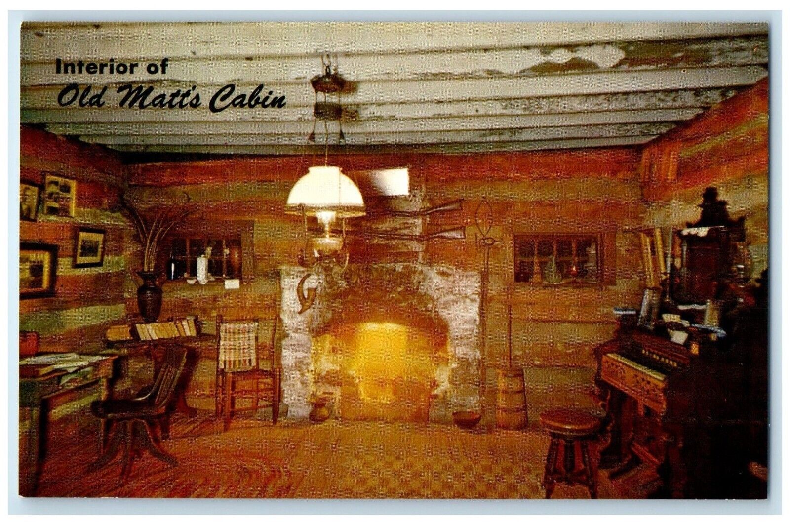 c1960 Old Matts Cabin Main Room Harold Bell Shepherd Hill Missouri MO Postcard
