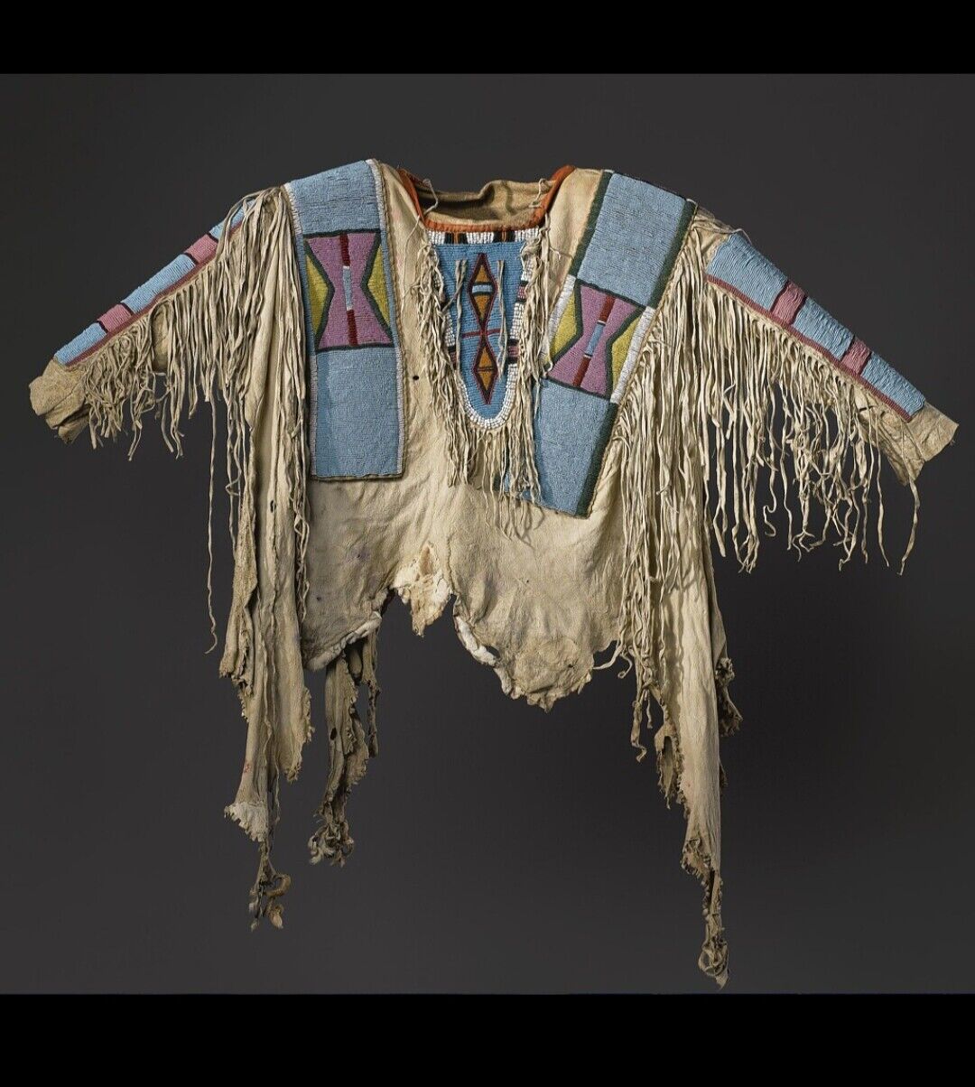 Old Style Beige Buckskin Hide Handmade Crow Beaded Fringe Powwow Shirt CRW160