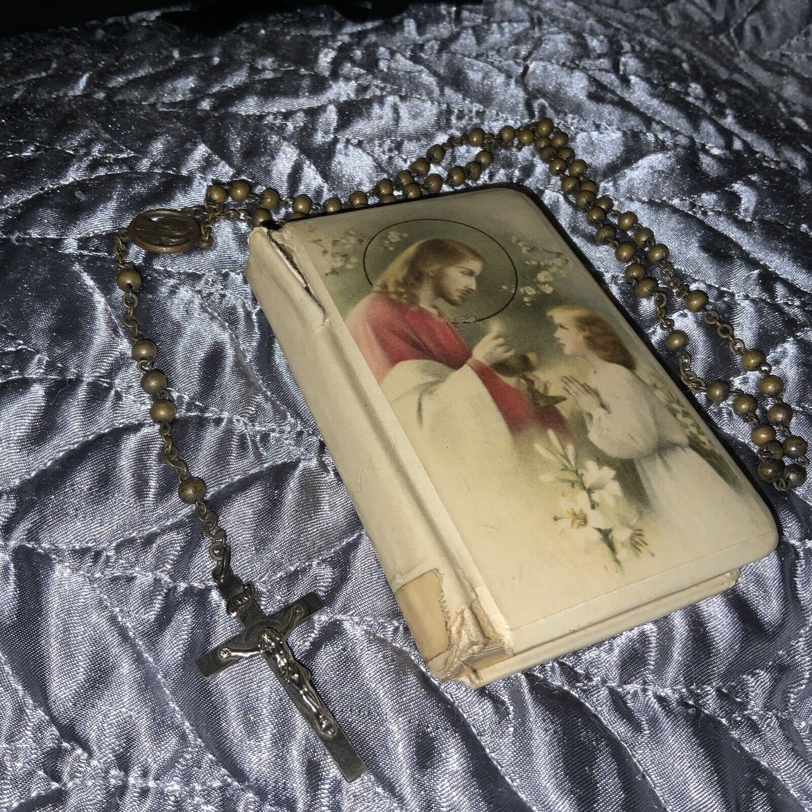 Vintage 1950 First Communion Catholic Prayer Book With Brass Rosary Italy 16”