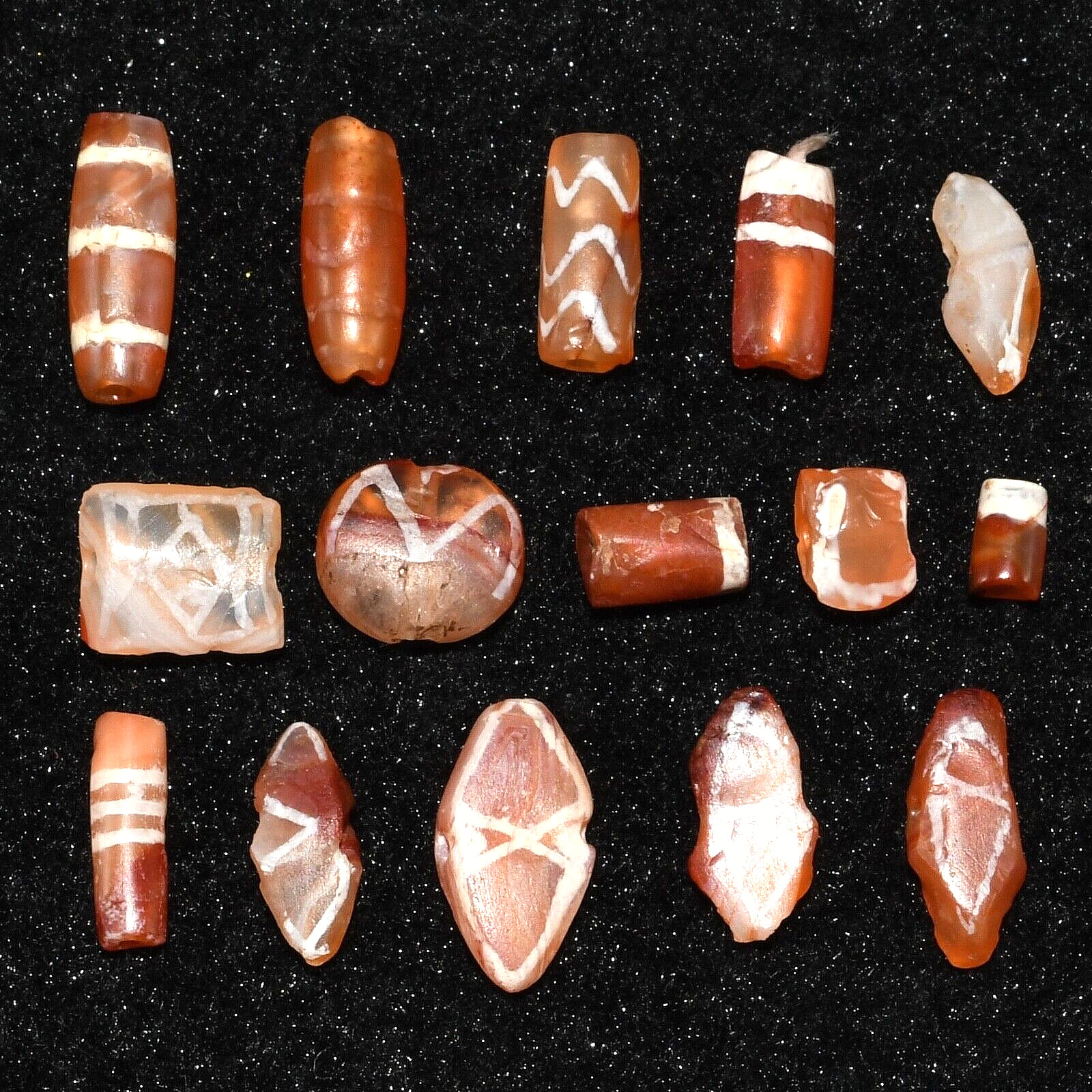 15 Ancient Etched Carnelian Beads in Good Condition 1500 to 2000 Years Old