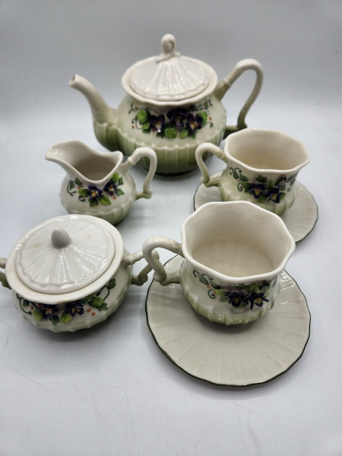 Katherine's Collection Porcelain Tea Set White Green with Purple Flowers