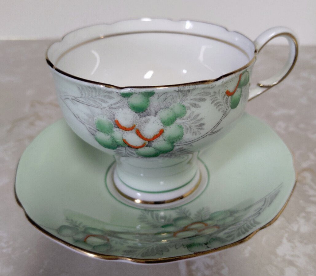 Paragon Double Warrant Mint Green Cup Saucer HM The Queen and HM Queen Mary