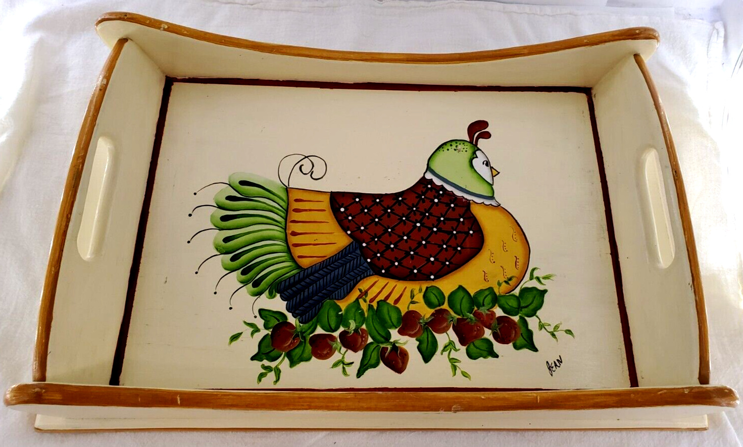 Vintage Tole Painted Wooden Serving Tray Chicken Country Kitchen Signed Jean