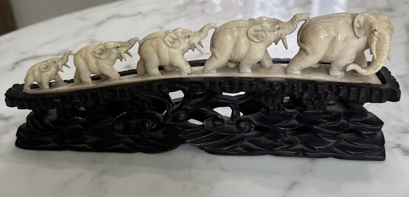 Vintage Asian Carved Five Elephant Train