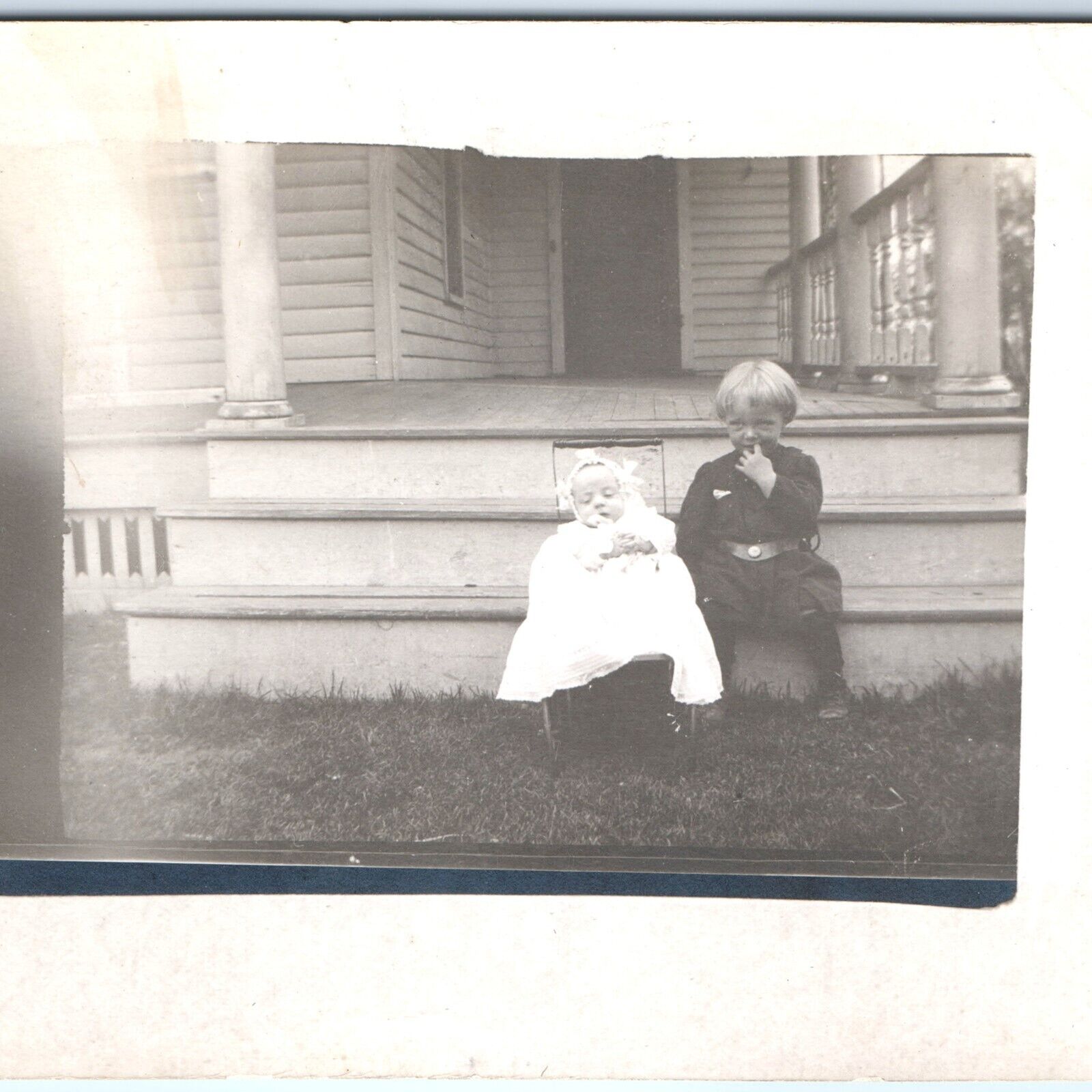 c1910s Adorable Siblings on Porch RPPC Mini Baby Stroller Cute Real Photo A142