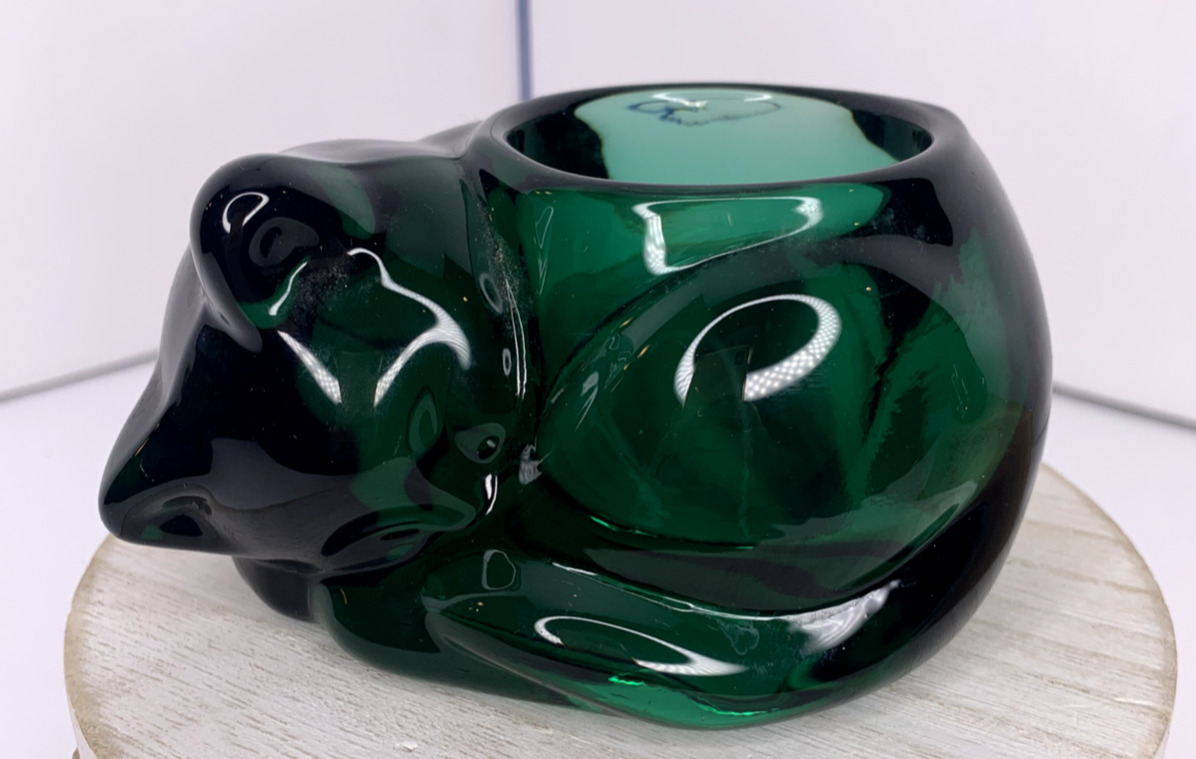 Vintage Indiana Glass Emerald Green Sleeping Cat Votive Tea-light Candle Holder