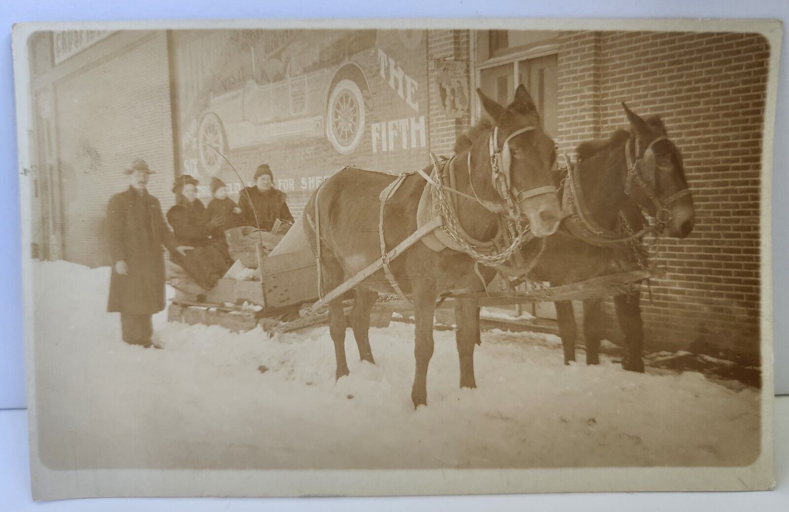 RPPC Wasco Oregon Car Dealer Advertisement Winter Snow Sled Mules People 1916