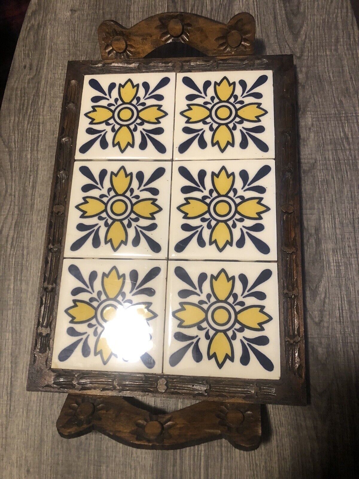 Vintage 70s Monterrey Mexico Tile Tray With Carved Wood