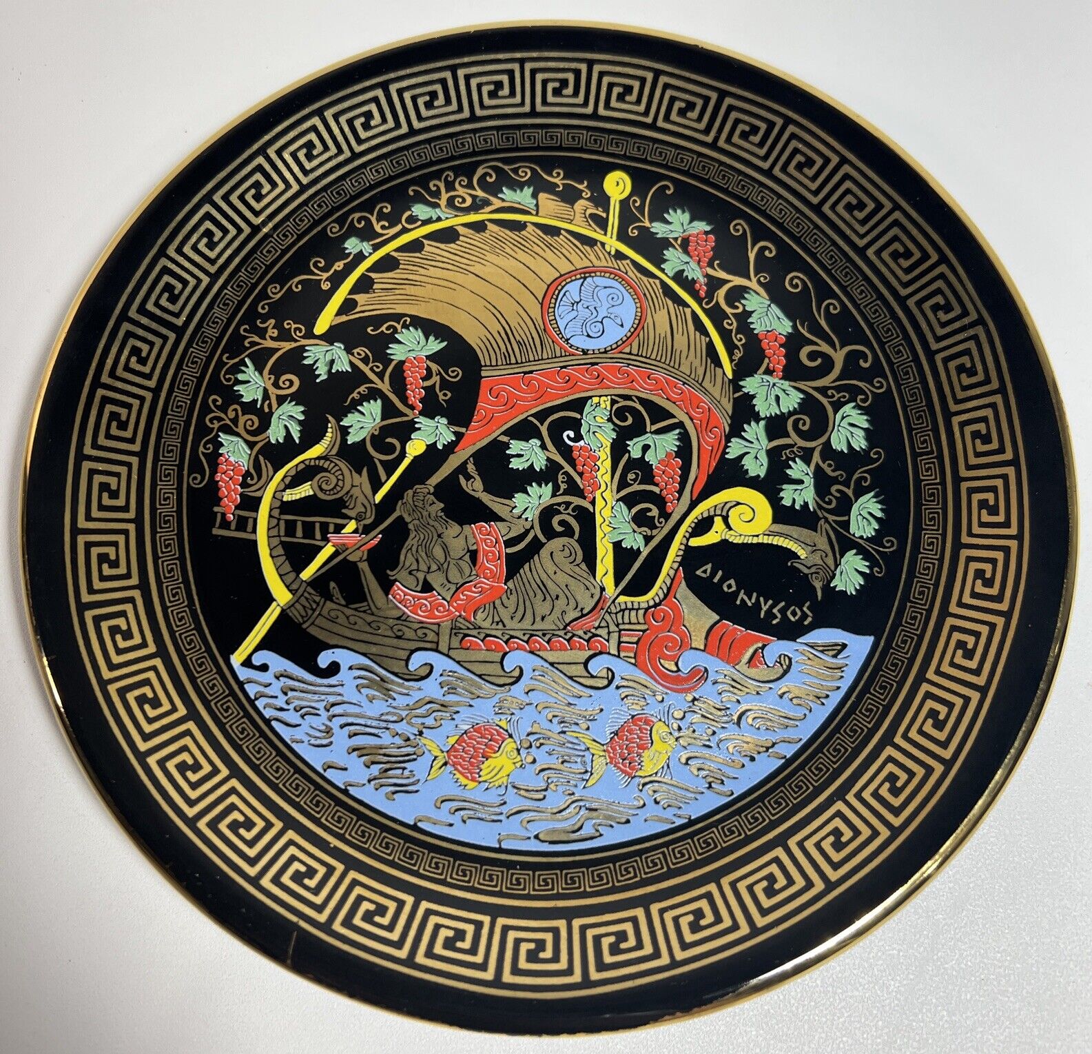 Stella Terracotta Greece Plate Hand-Made With 24K GOLD Chariot Biremes VINTAGE