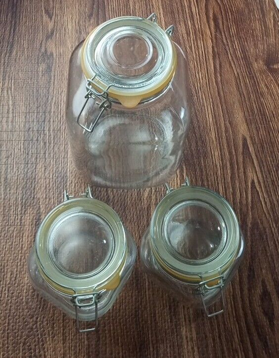 Vintage Set 3 Glass Storage Canning Jar Metal Hinge