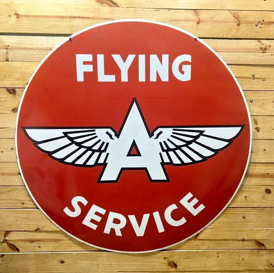 RARE LARGE FLYING A GAS &OIL DOUBLE SIDED PORCELAIN ENAMEL SIGN 48INCHES ROUND