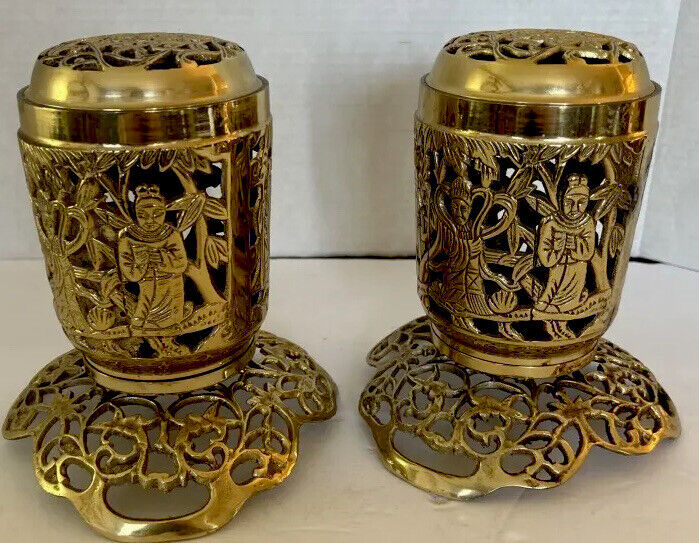 Unique Huge Pair of Asian Incense Holders with Lids 6' Brass-Open scroll design