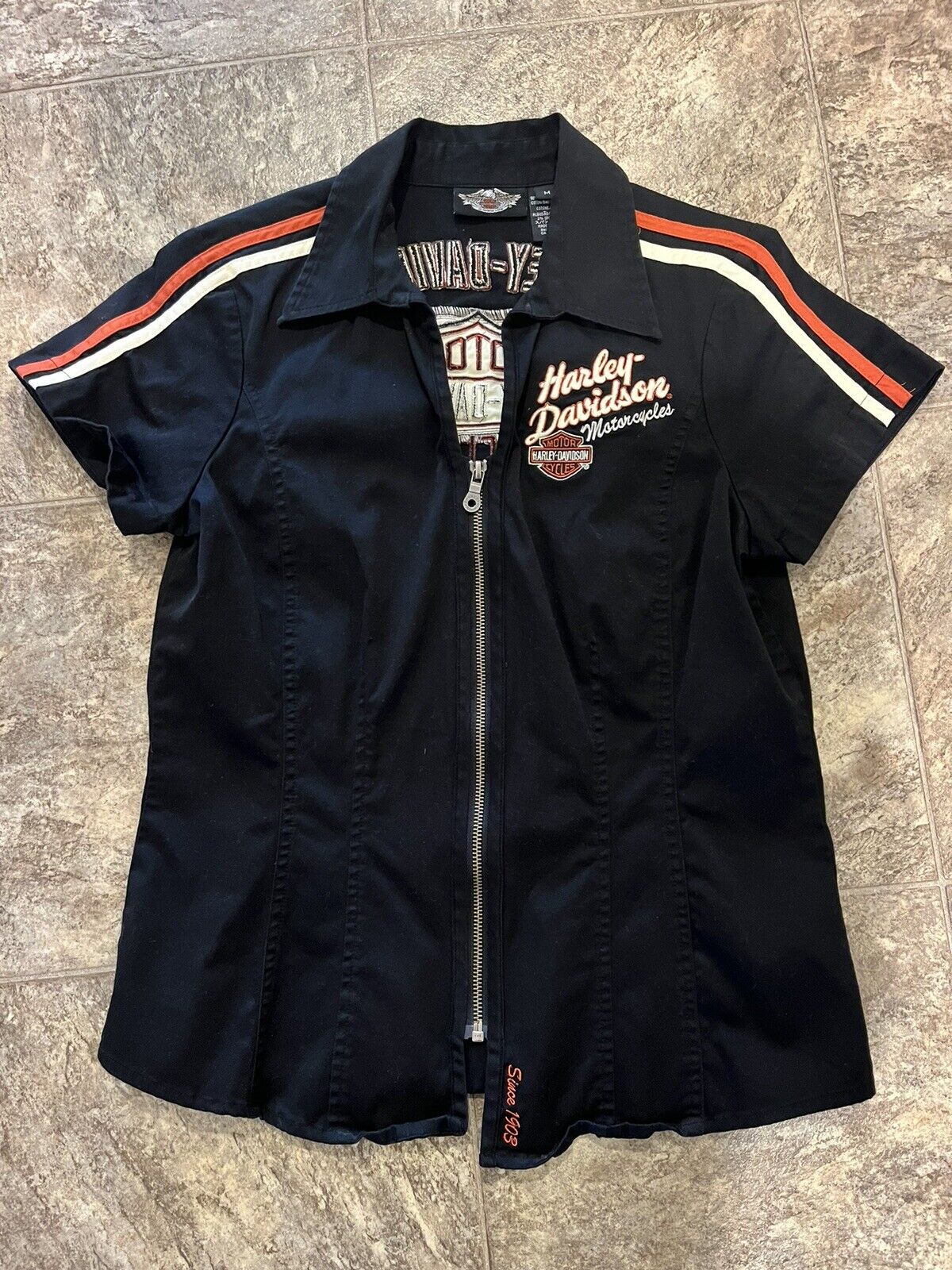 Harley Davidson Female Lady Medium V Neck Zip Up Embroidered Shirt