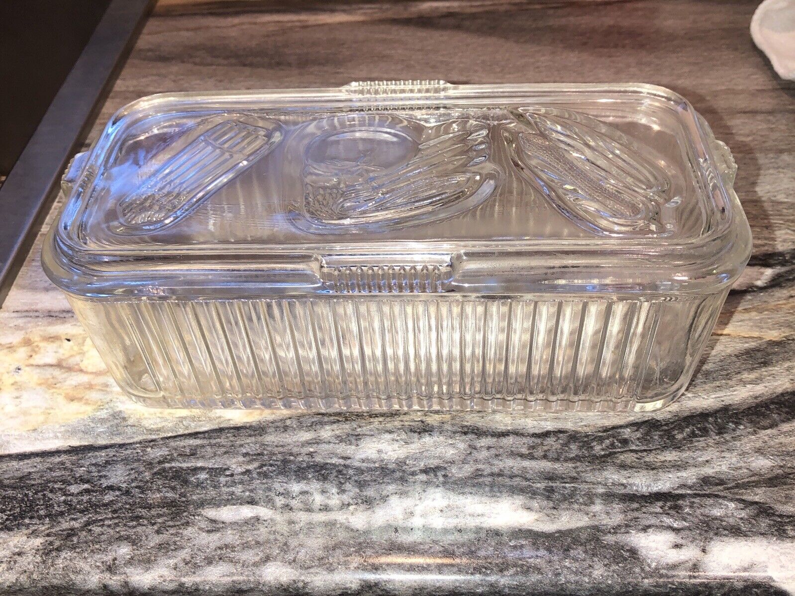 Vintage Federal Clear Ribbed Glass Refrigerator Dish Rectangle Vegetable On Lid